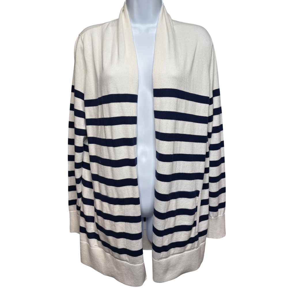 LANDS' END Womens White Navy Striped Open Front Cardigan w/Pockets Sz M Nautical
